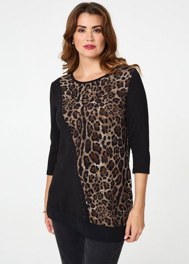 Izabel London Black Animal Print Asymmetric Tunic Top