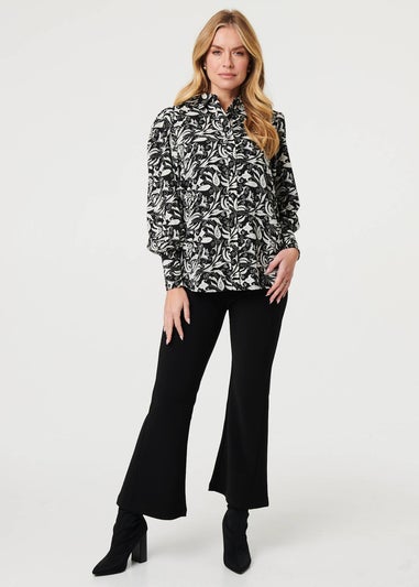 Izabel London Black Leaf Print Long Balloon Sleeve Shirt