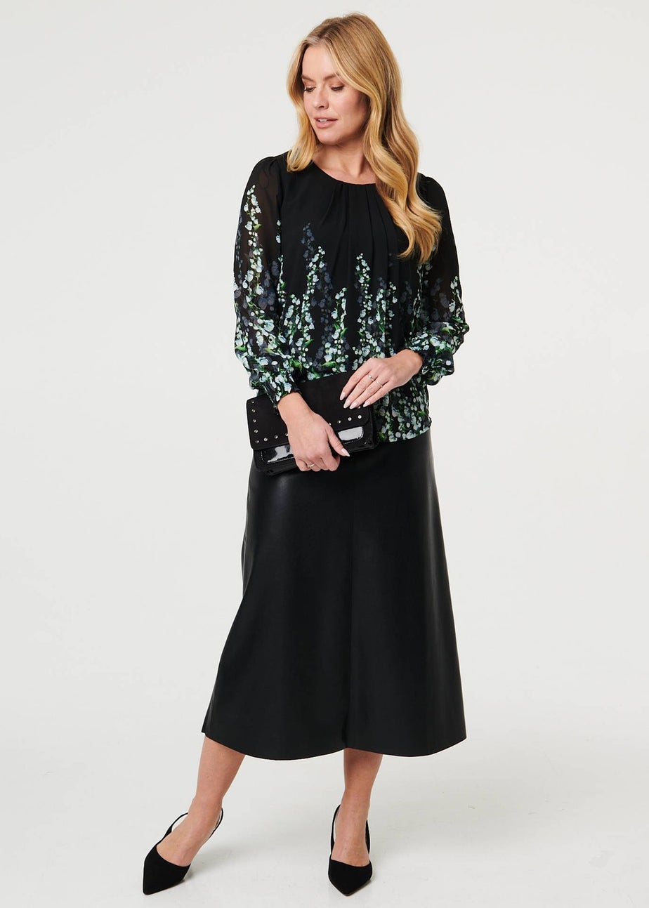 Izabel London Black Floral Long Sleeve Semi Sheer Blouse