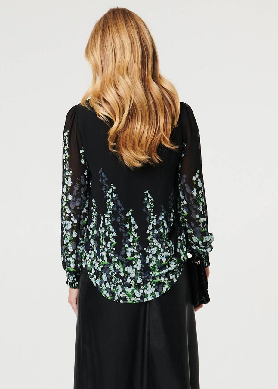 Izabel London Black Floral Long Sleeve Semi Sheer Blouse