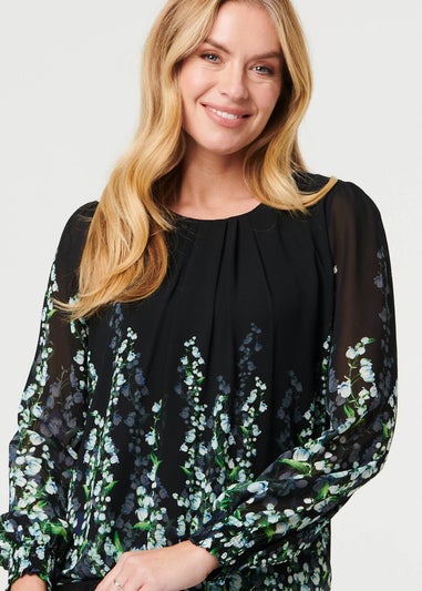 Izabel London Black Floral Long Sleeve Semi Sheer Blouse