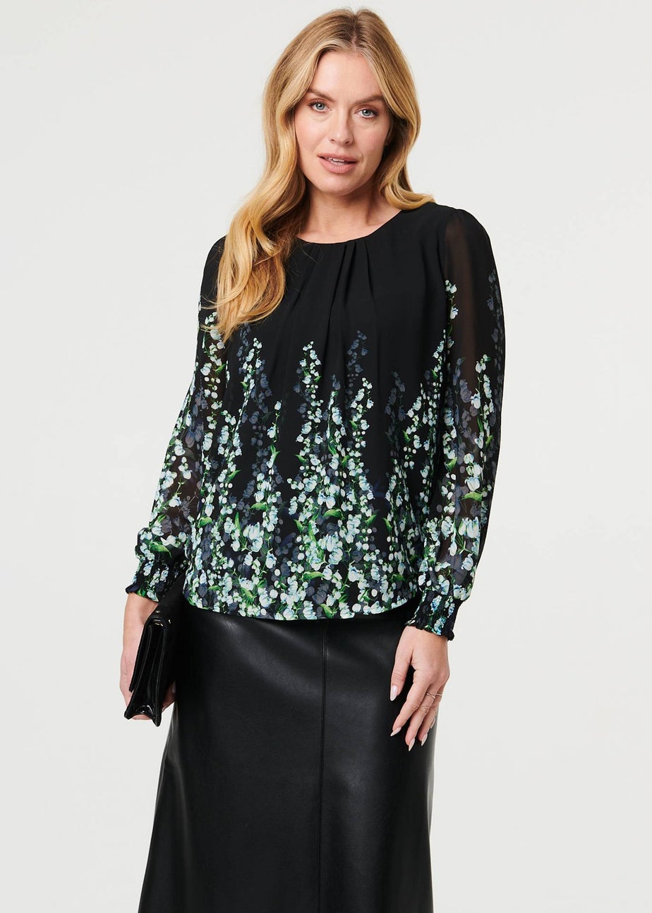 Izabel London Black Floral Long Sleeve Semi Sheer Blouse