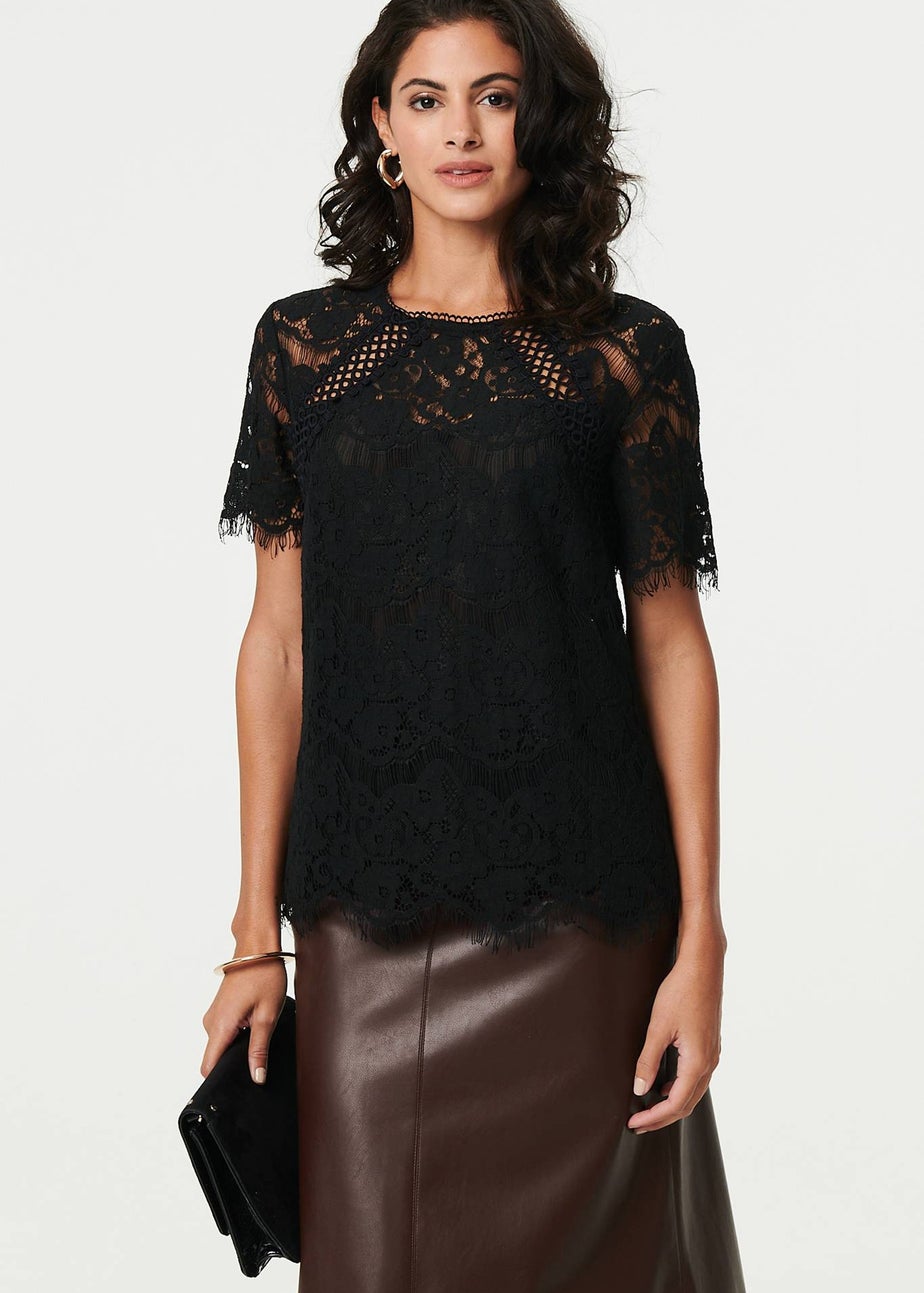 Izabel London Black Lace Overlay Short Sleeve Blouse