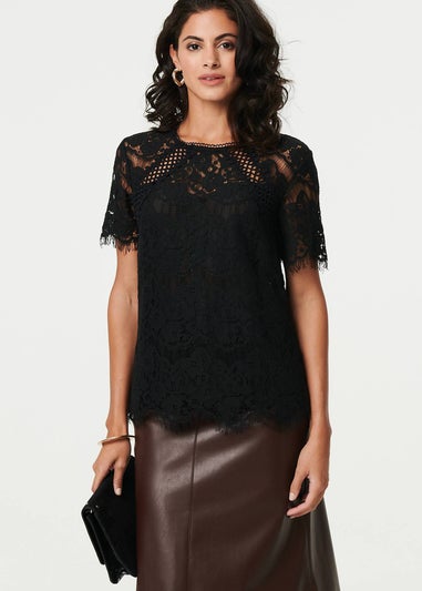 Izabel London Black Lace Overlay Short Sleeve Blouse