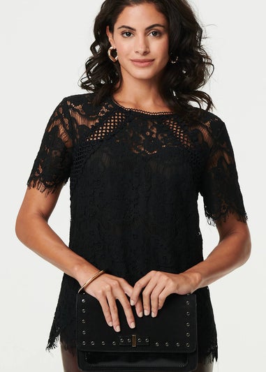 Izabel London Black Lace Overlay Short Sleeve Blouse