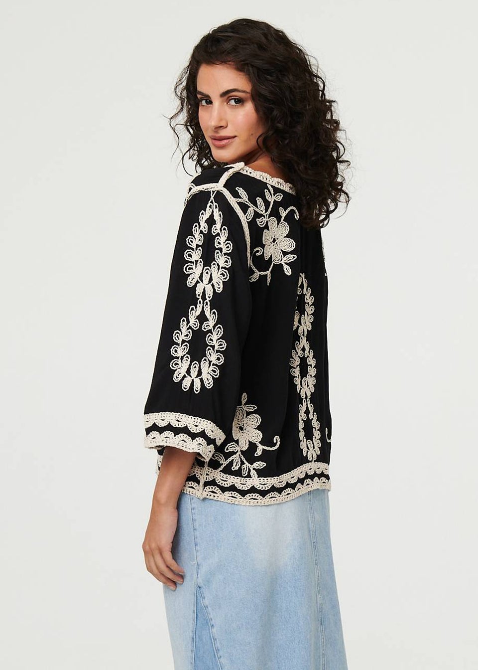 Izabel London Black Floral Embroidered 3/4 Sleeve Blouse