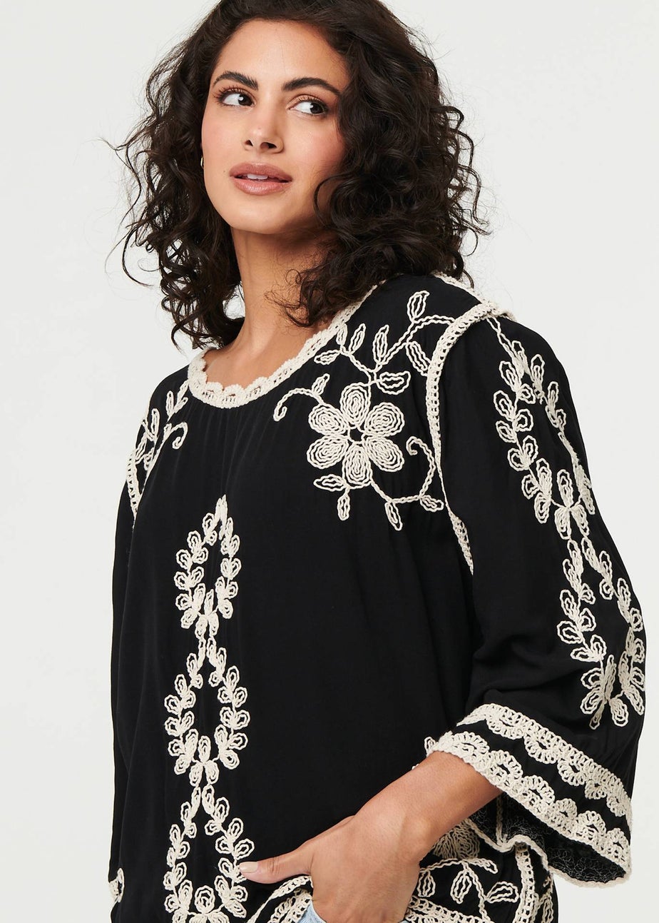 Izabel London Black Floral Embroidered 3/4 Sleeve Blouse
