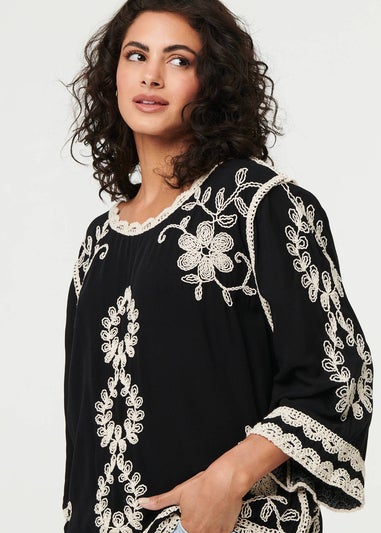 Izabel London Black Floral Embroidered 3/4 Sleeve Blouse