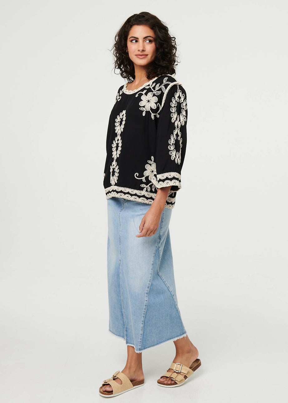 Izabel London Black Floral Embroidered 3/4 Sleeve Blouse