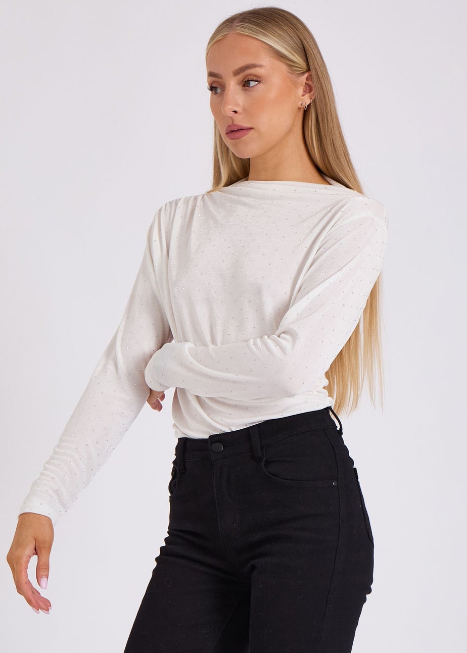 Gini London White Diamante Stud Cowl Front Bodysuit