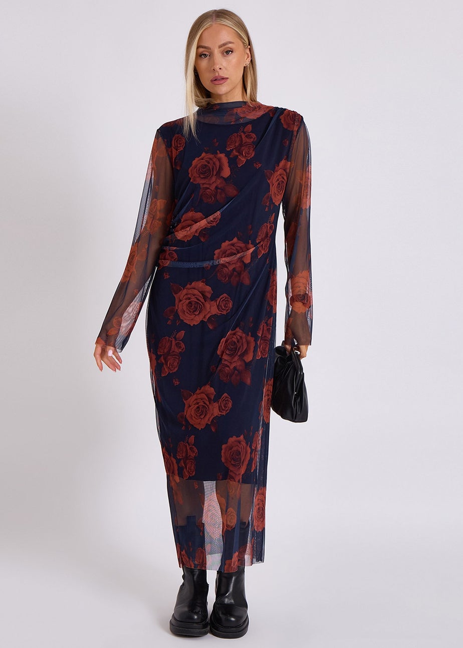 Gini London Navy Print Mesh Midi Dress