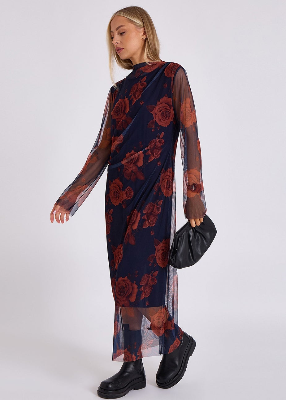 Gini London Navy Print Mesh Midi Dress