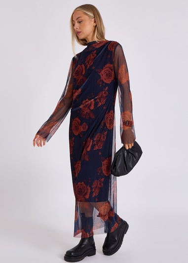 Gini London Navy Print Mesh Midi Dress