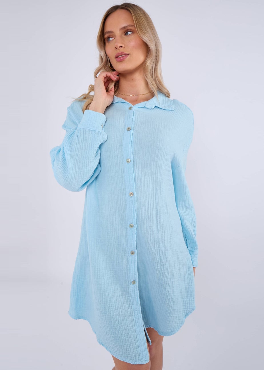 Gini London Blue Cotton Textured Oversized Long Shirt