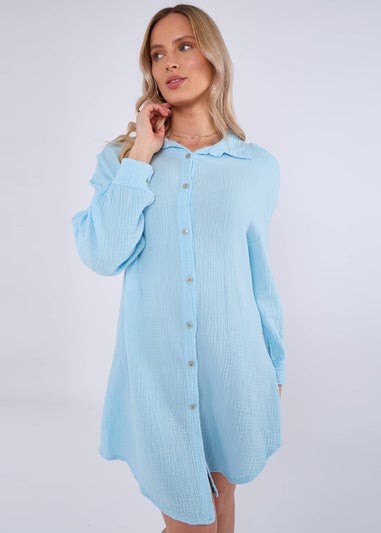 Gini London Blue Cotton Textured Oversized Long Shirt