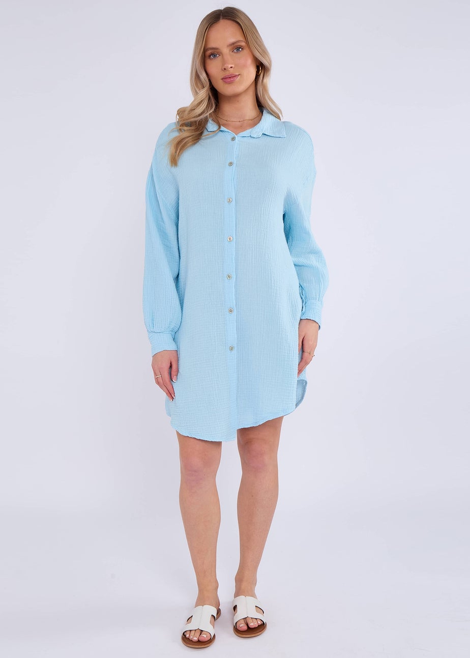 Gini London Blue Cotton Textured Oversized Long Shirt