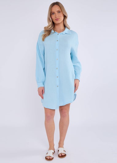 Gini London Blue Cotton Textured Oversized Long Shirt
