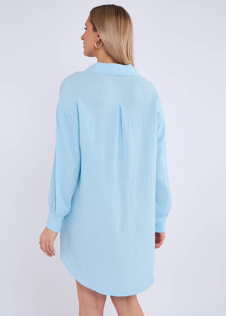 Gini London Blue Cotton Textured Oversized Long Shirt