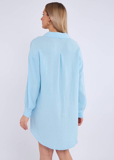 Gini London Blue Cotton Textured Oversized Long Shirt