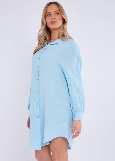 Gini London Blue Cotton Textured Oversized Long Shirt