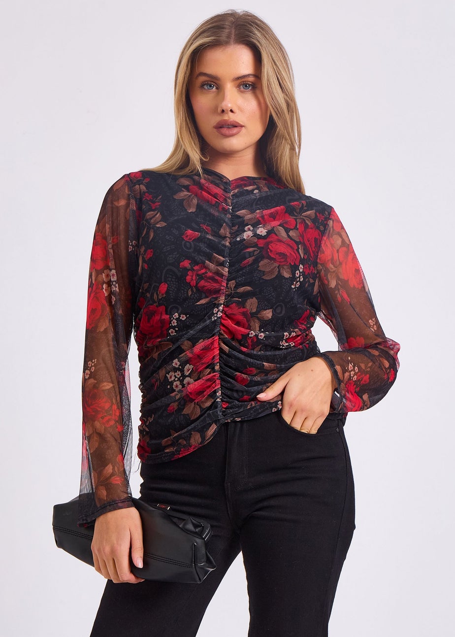 Gini London Red Mesh Printed Ruched Front Top