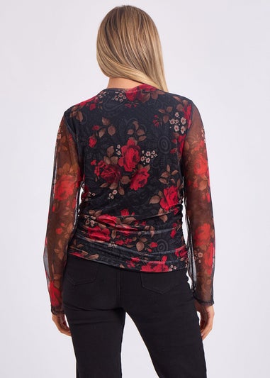Gini London Red Mesh Printed Ruched Front Top