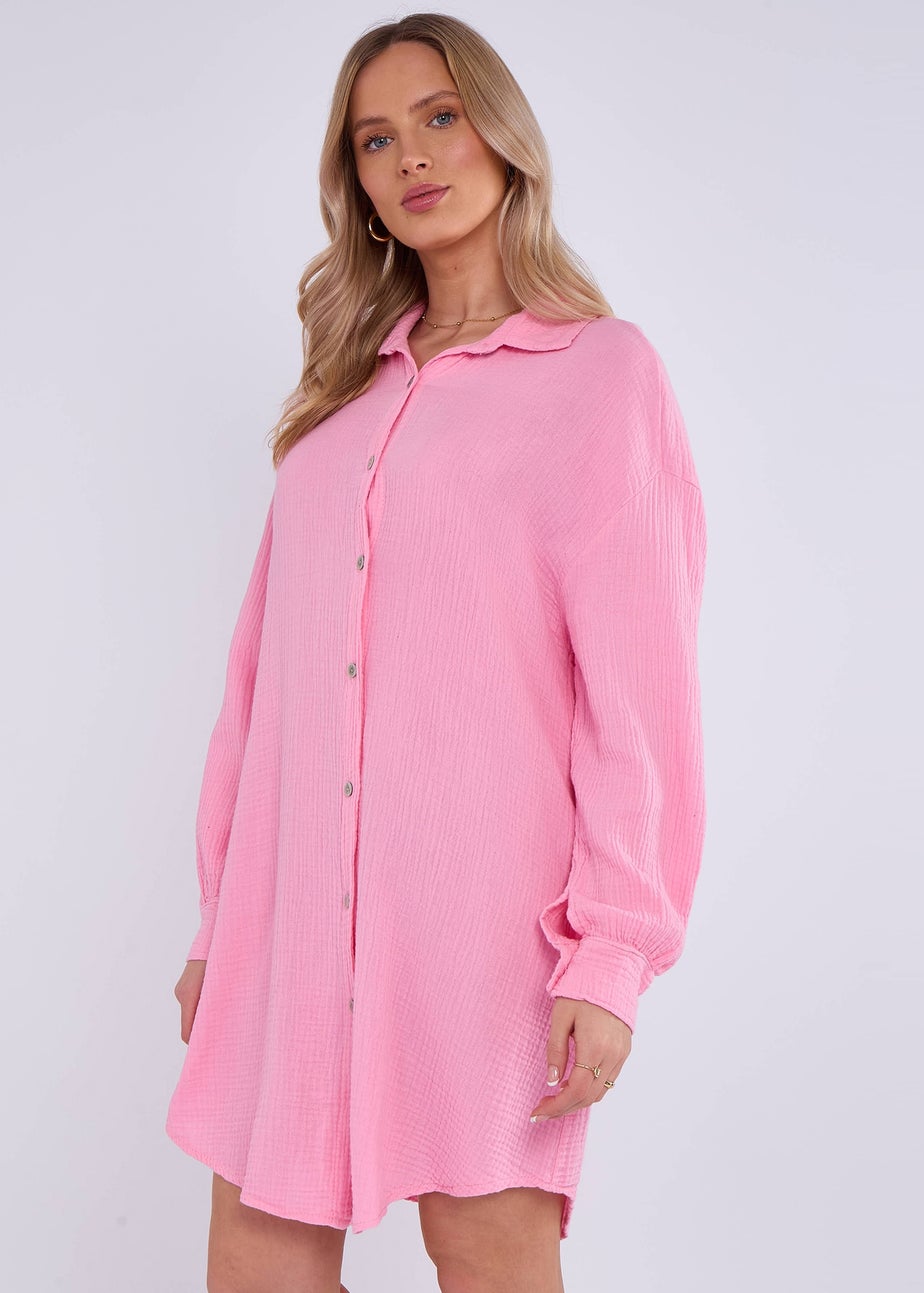 Gini London Pink Cotton Textured Oversized Long Shirt
