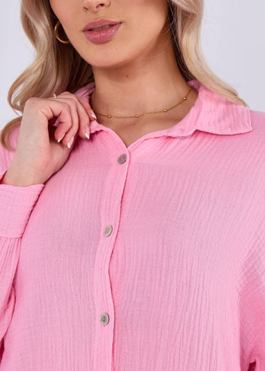 Gini London Pink Cotton Textured Oversized Long Shirt
