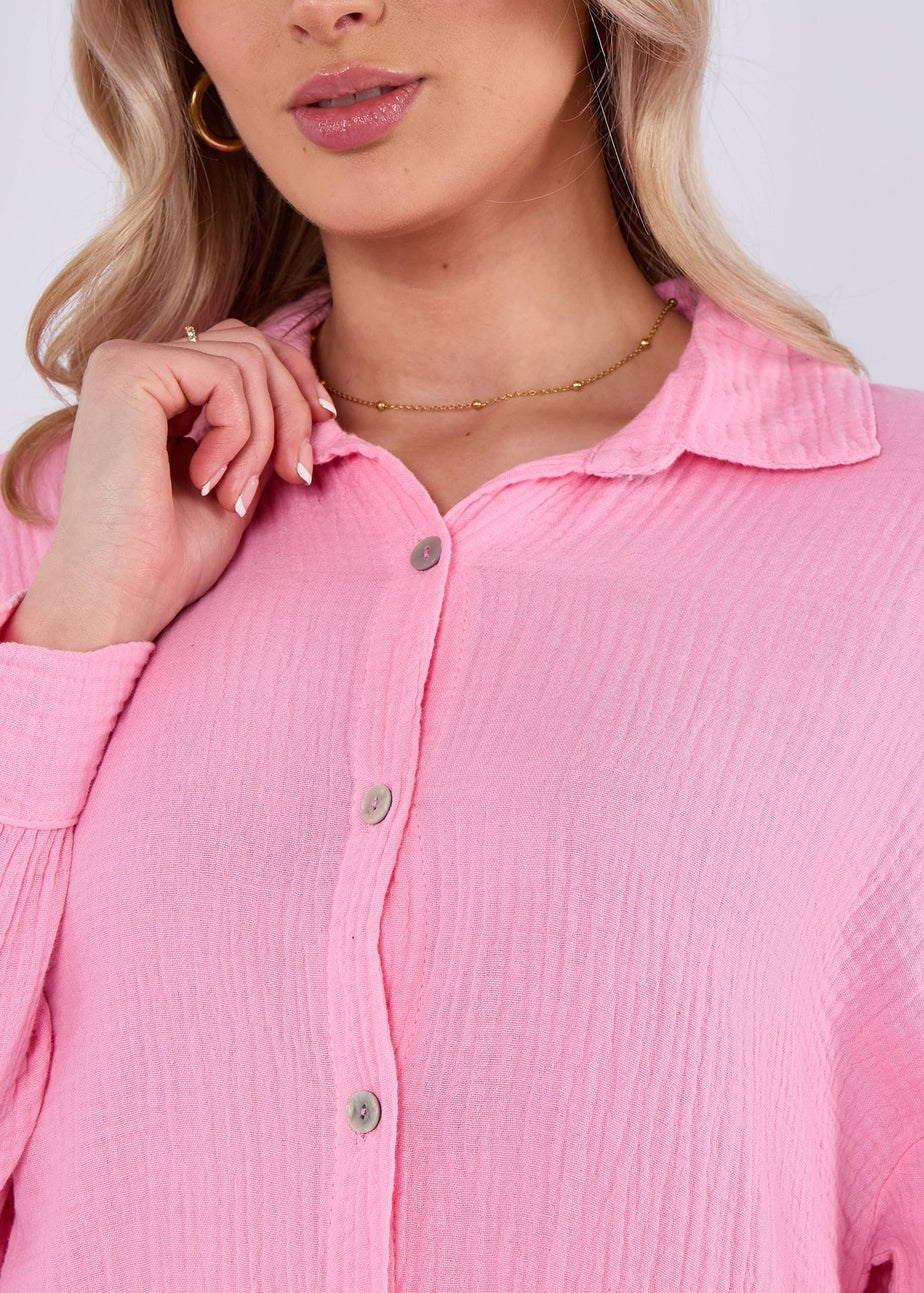 Gini London Pink Cotton Textured Oversized Long Shirt