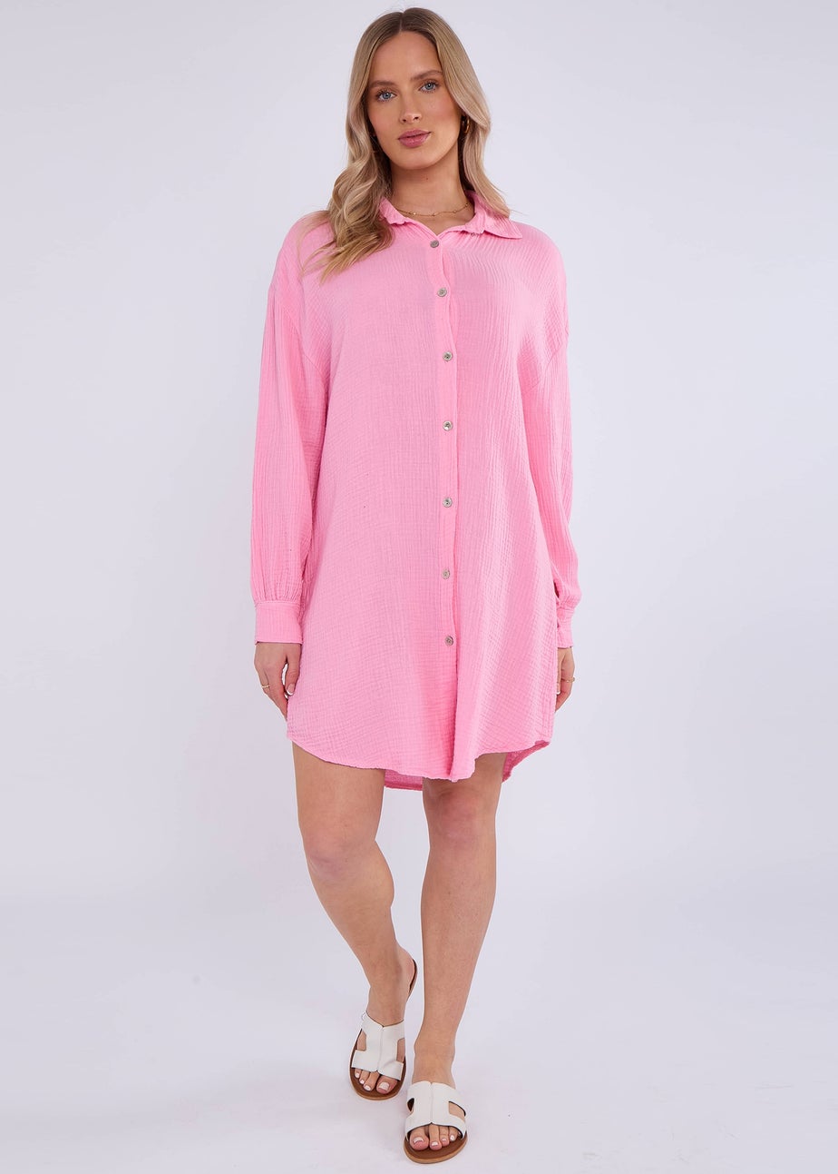 Gini London Pink Cotton Textured Oversized Long Shirt