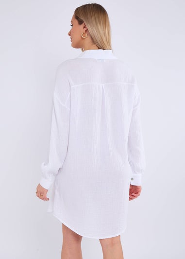Gini London White Cotton Textured Oversized Long Shirt