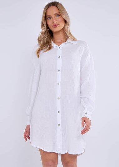 Gini London White Cotton Textured Oversized Long Shirt