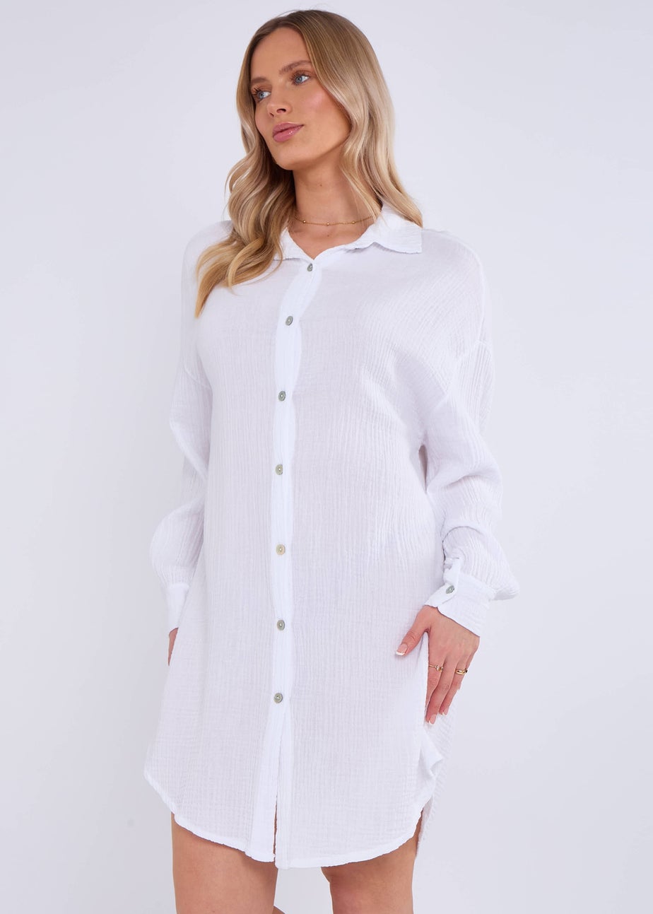 Gini London White Cotton Textured Oversized Long Shirt