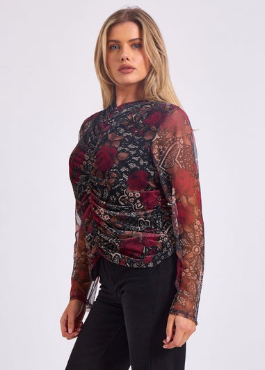 Gini London Burgundy Mesh Printed Ruched Front Top
