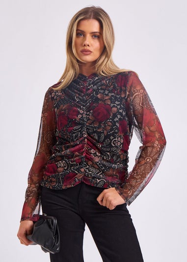 Gini London Burgundy Mesh Printed Ruched Front Top