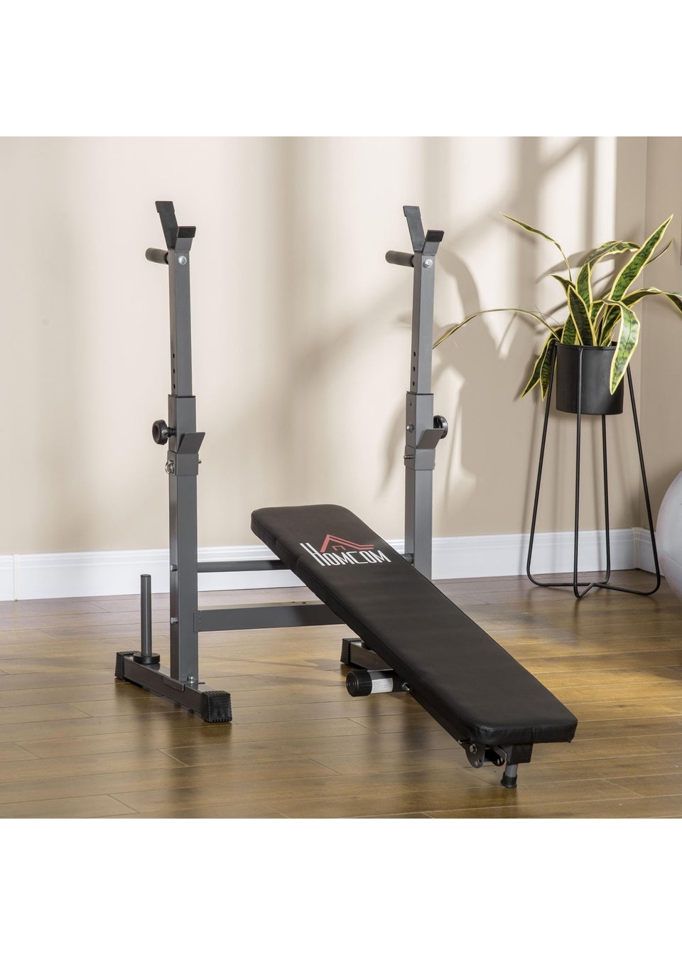 HOMCOM Adjustable Weight Bench with Barbell Rack, Dip Station, Grey