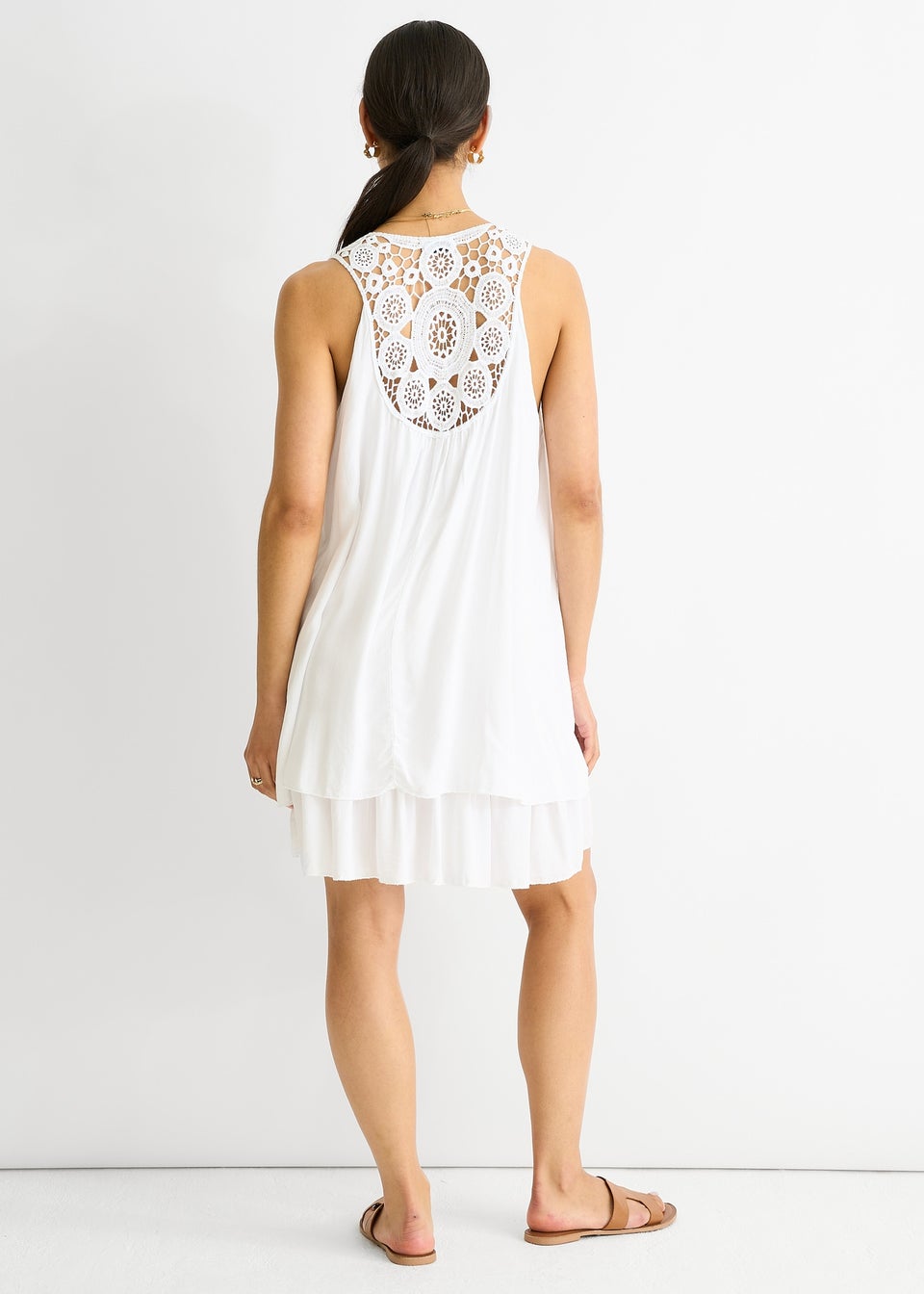 Gini London White Crochet Panel Double Layer Cotton Mini Dress