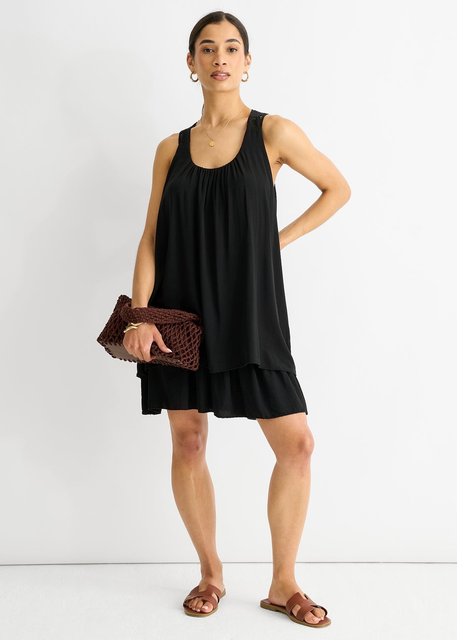 Gini London Black Crochet Panel Double Layer Cotton Mini Dress