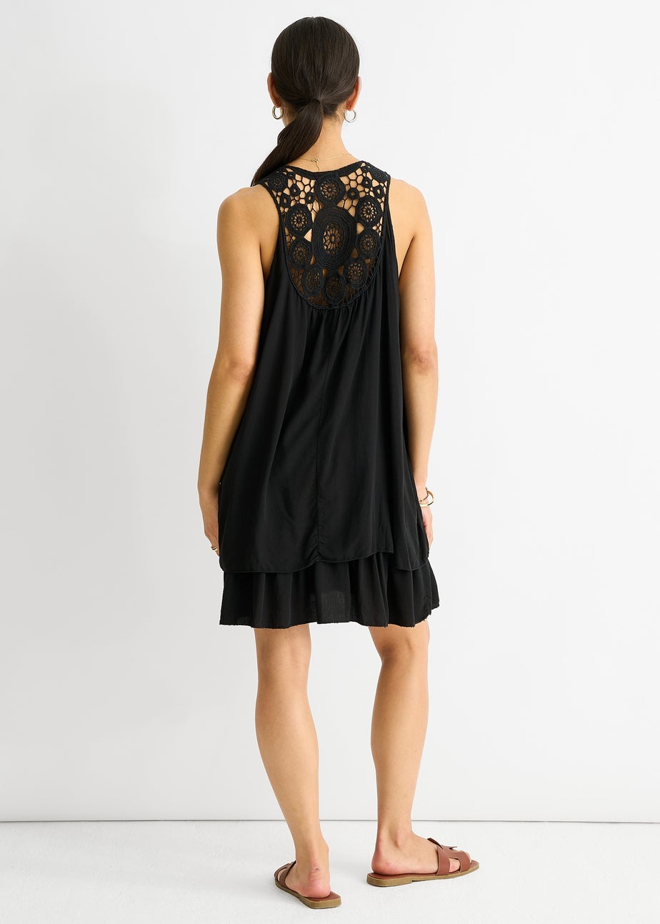 Gini London Black Crochet Panel Double Layer Cotton Mini Dress