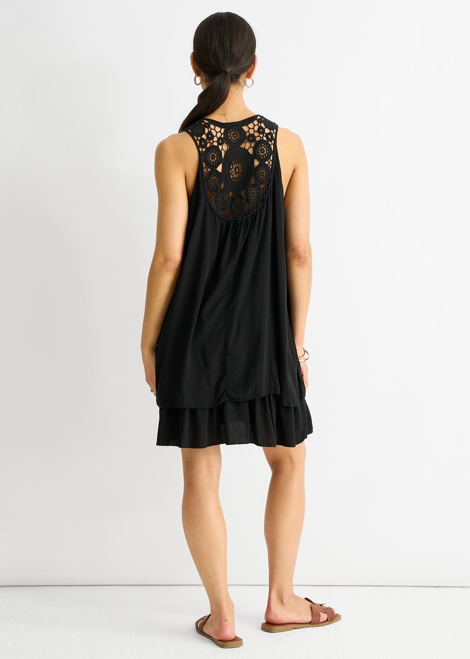 Gini London Black Crochet Panel Double Layer Cotton Mini Dress