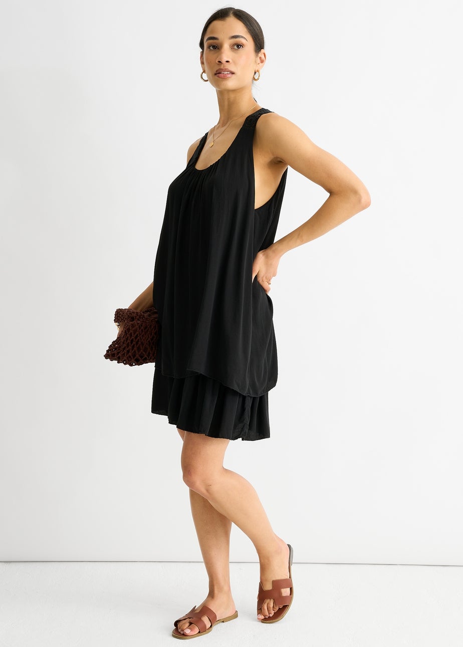 Gini London Black Crochet Panel Double Layer Cotton Mini Dress