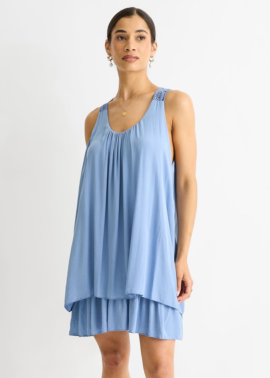 Gini London Denim Crochet Panel Double Layer Cotton Mini Dress