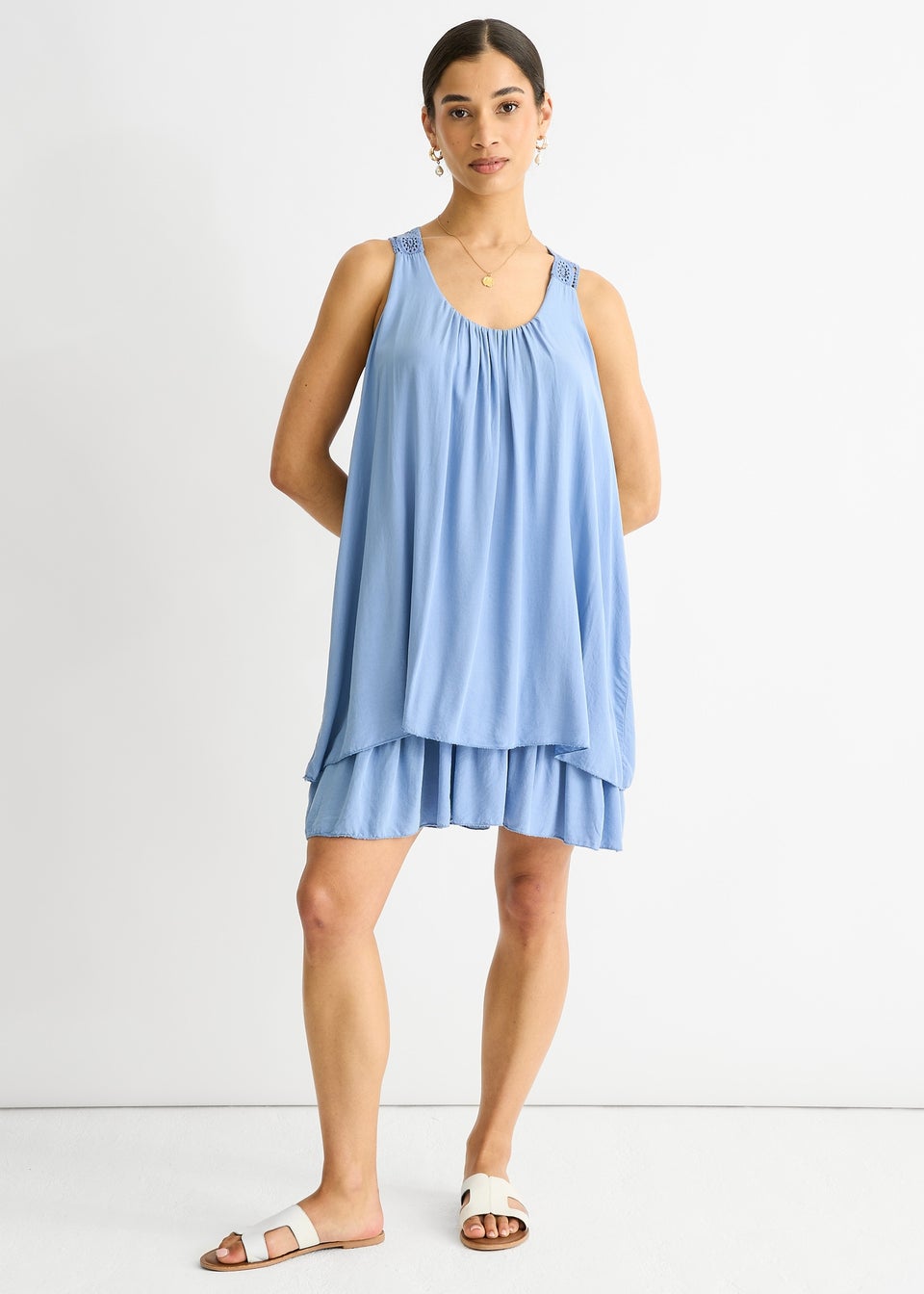 Gini London Denim Crochet Panel Double Layer Cotton Mini Dress