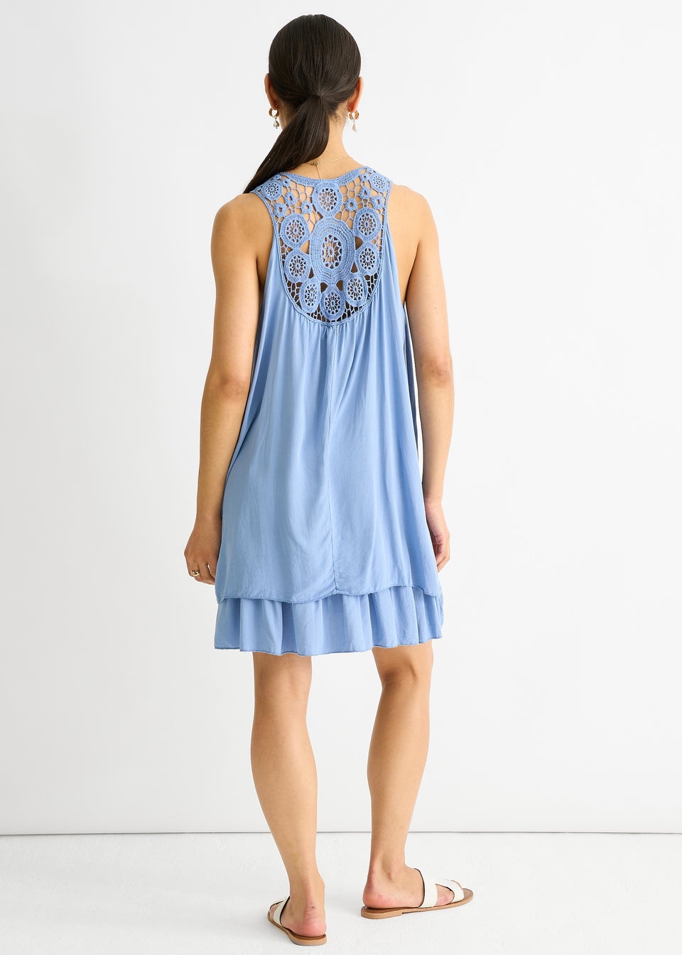 Gini London Denim Crochet Panel Double Layer Cotton Mini Dress