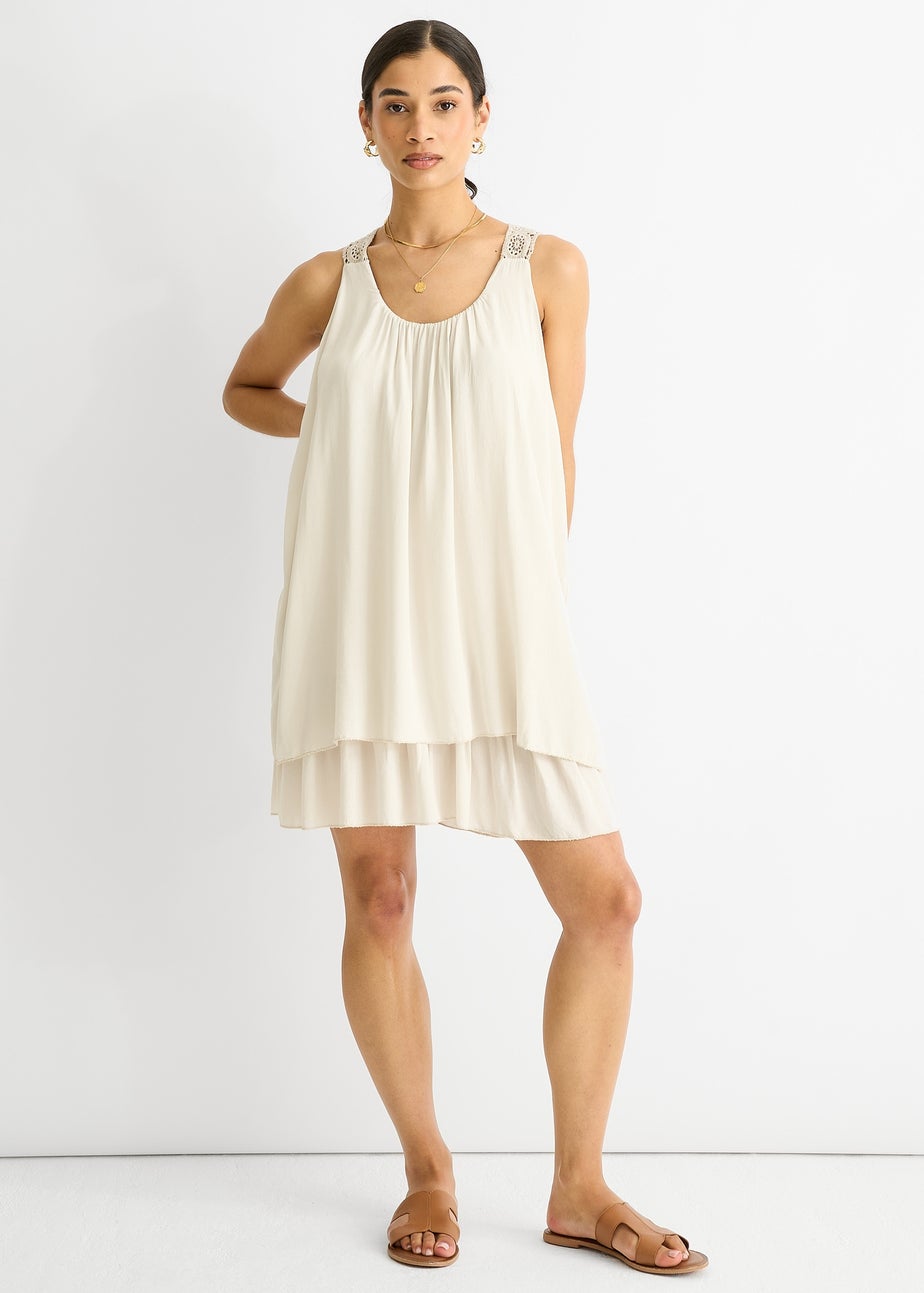 Gini London Beige Crochet Panel Double Layer Cotton Mini Dress