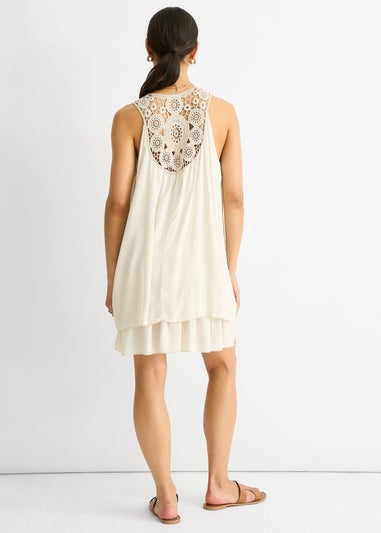 Gini London Beige Crochet Panel Double Layer Cotton Mini Dress