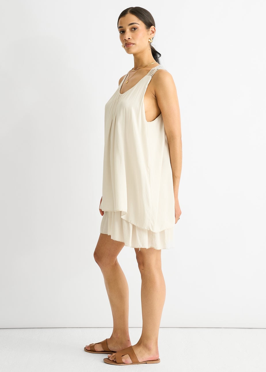 Gini London Beige Crochet Panel Double Layer Cotton Mini Dress
