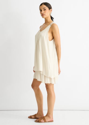 Gini London Beige Crochet Panel Double Layer Cotton Mini Dress