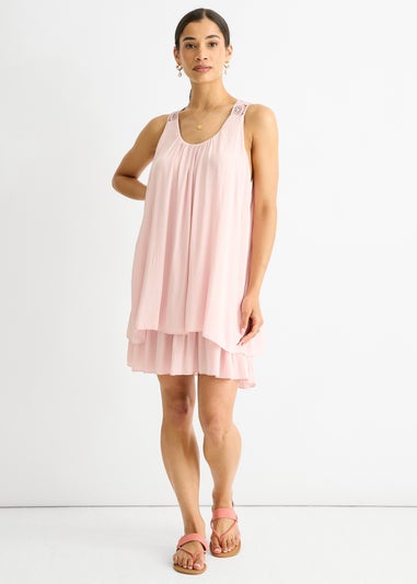Gini London Pink Crochet Panel Double Layer Cotton Mini Dress