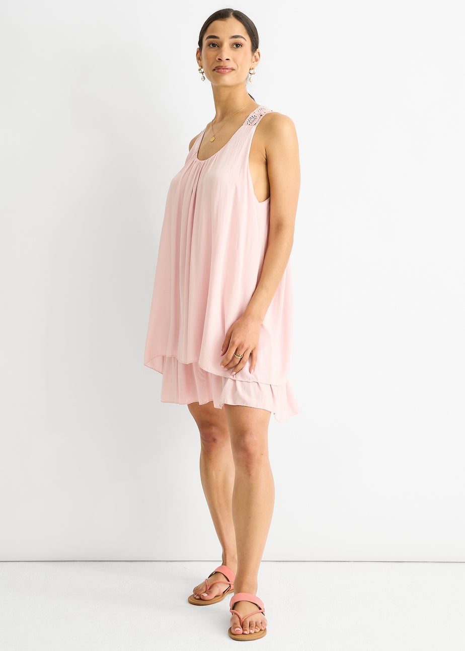 Gini London Pink Crochet Panel Double Layer Cotton Mini Dress